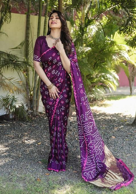 Purple Zari Pure Silk Bandhani Saree Set