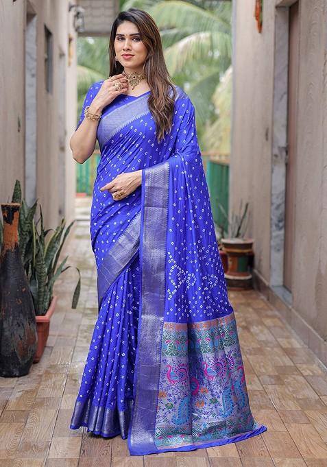 Blue Zari Pure Silk Bandhani Saree Set