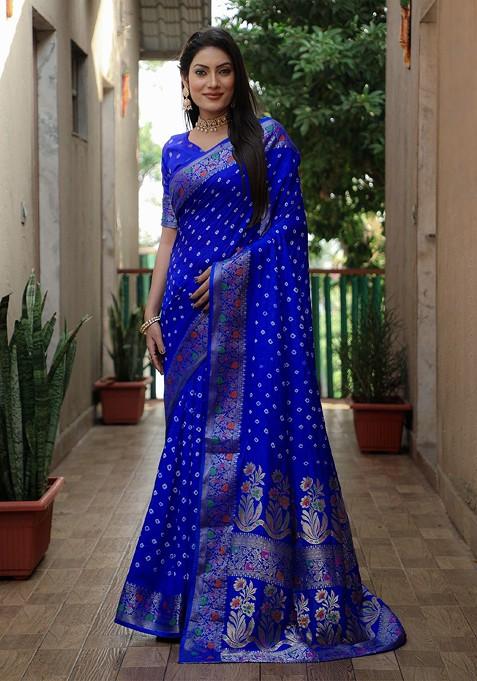 Blue Bandhani Print Zari Pure Silk Saree Set