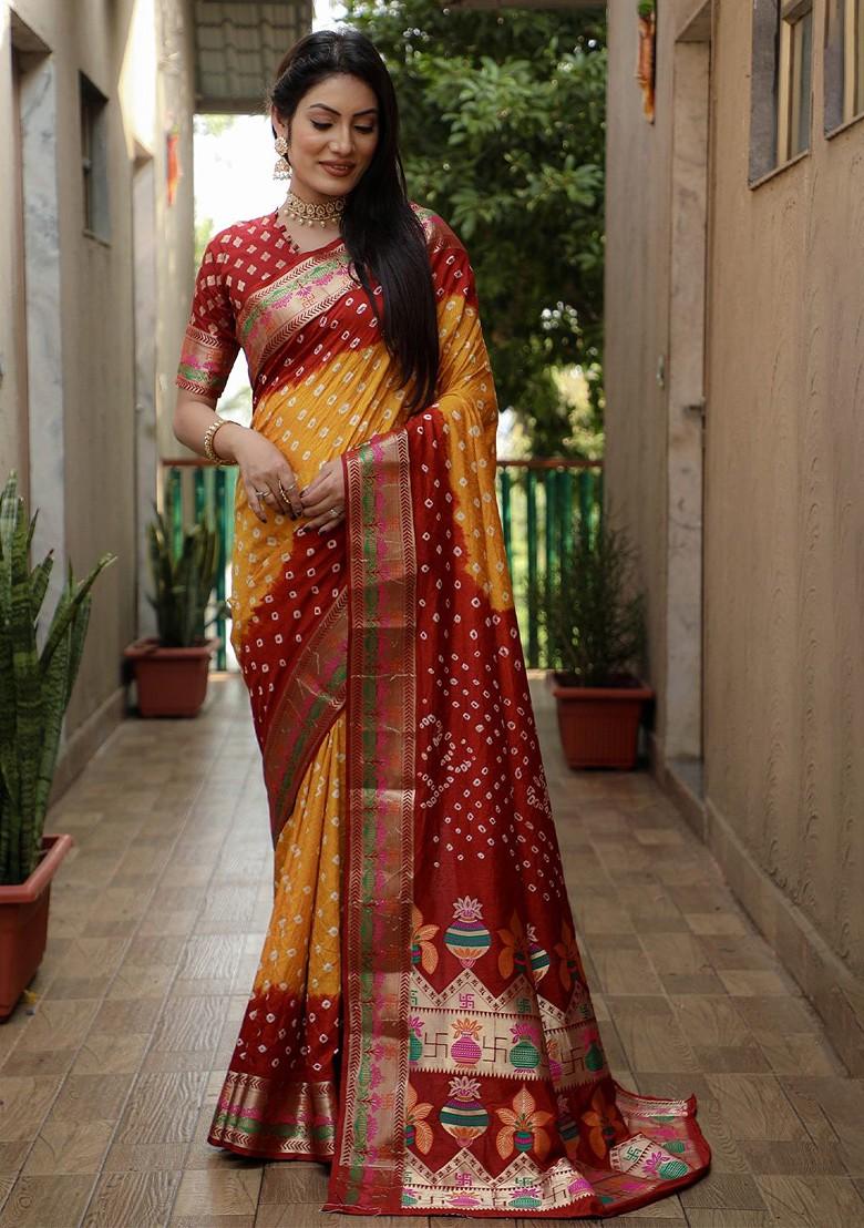 Mustard Zari Pure Silk Bandhani Saree Set