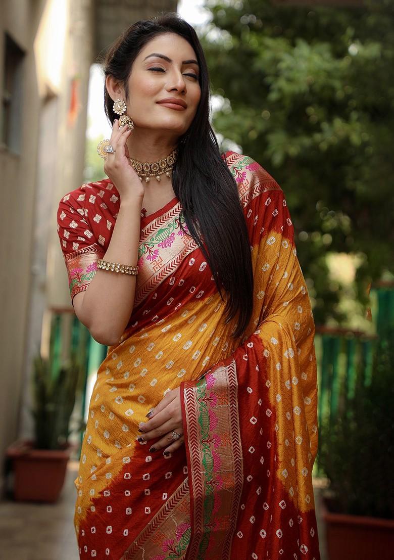 Mustard Zari Pure Silk Bandhani Saree Set