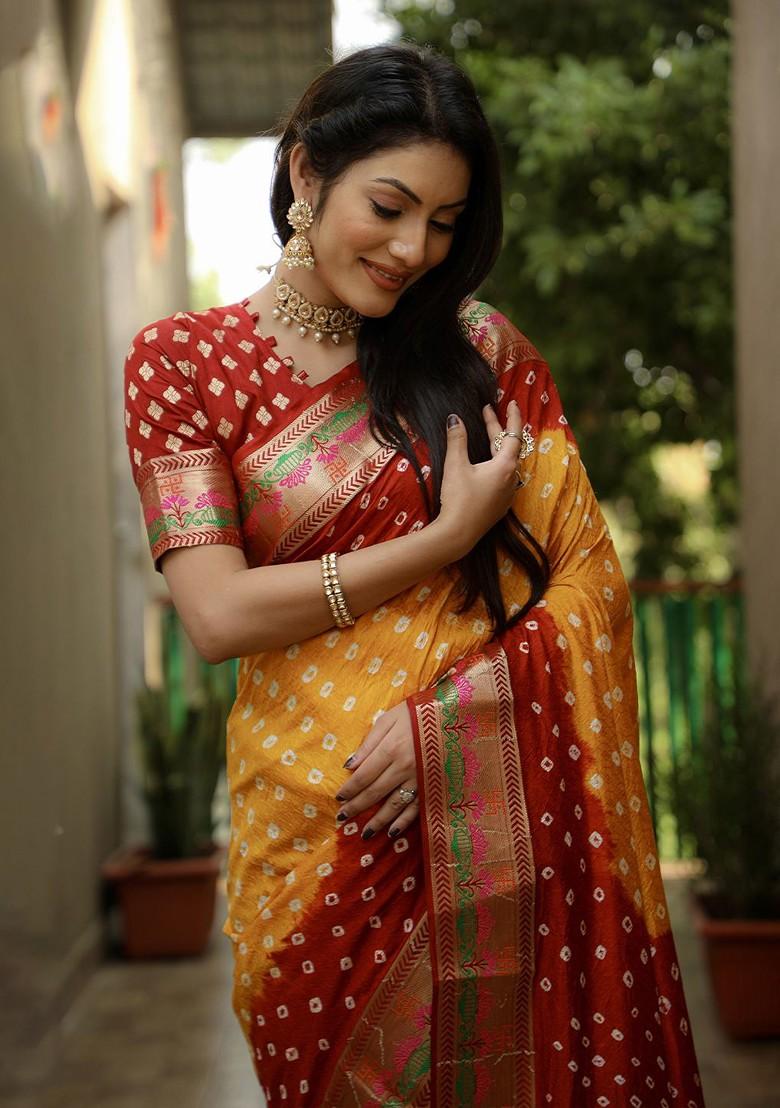 Mustard Zari Pure Silk Bandhani Saree Set