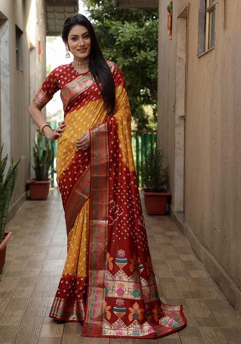 Mustard Zari Pure Silk Bandhani Saree Set