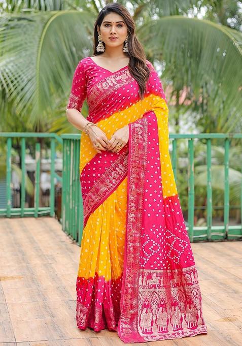 Pink Zari Pure Silk Bandhani Saree Set