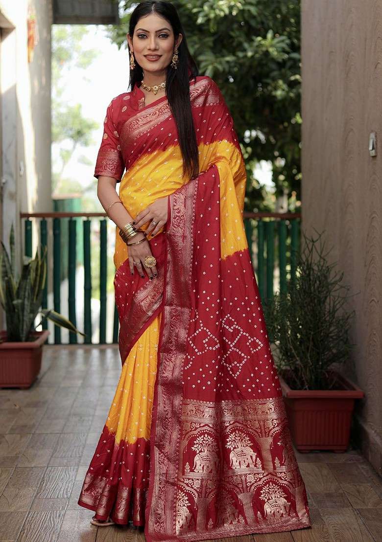 Yellow Zari Pure Silk Bandhani Saree Set for Diwali and Festive Wear - Indya
