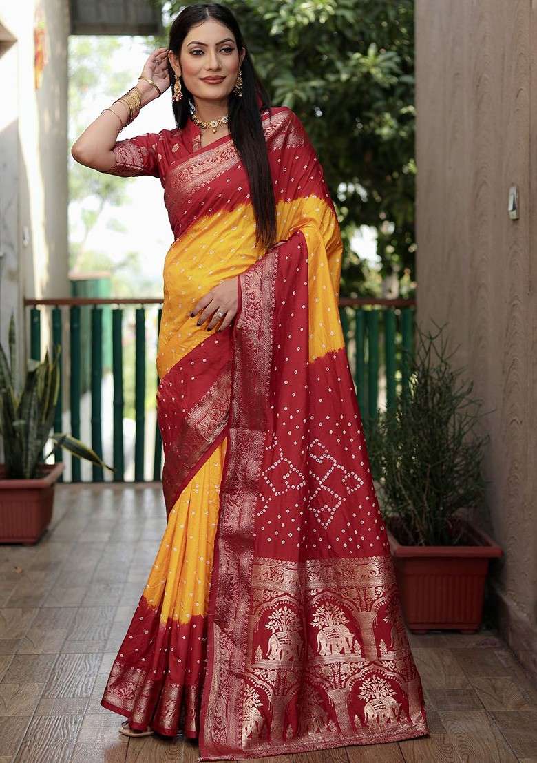 Yellow Zari Pure Silk Bandhani Saree Set for Diwali and Festive Wear - Indya