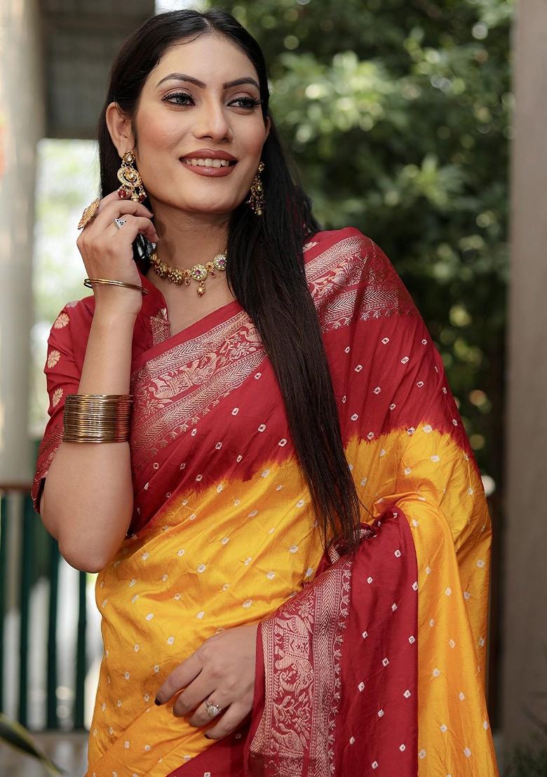 Yellow Zari Pure Silk Bandhani Saree Set