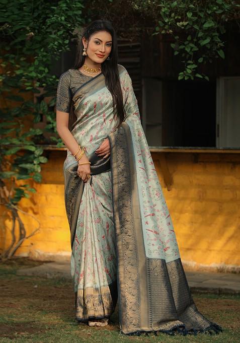 Green Woven Zari Pure Kanjeevaram Silk Saree Set