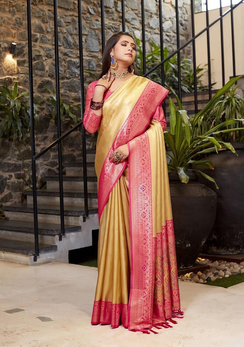 Cream Woven Tissue Banarasi Saree Set - Indya
