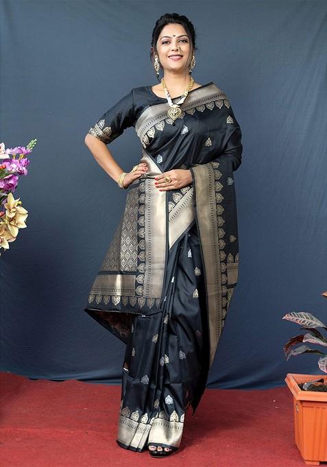 Black Ethnic Motifs Woven Zari Pure Banarasi Silk Saree Set