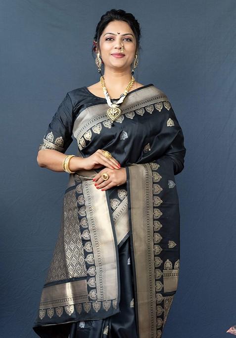 Black Ethnic Motifs Woven Zari Pure Banarasi Silk Saree Set