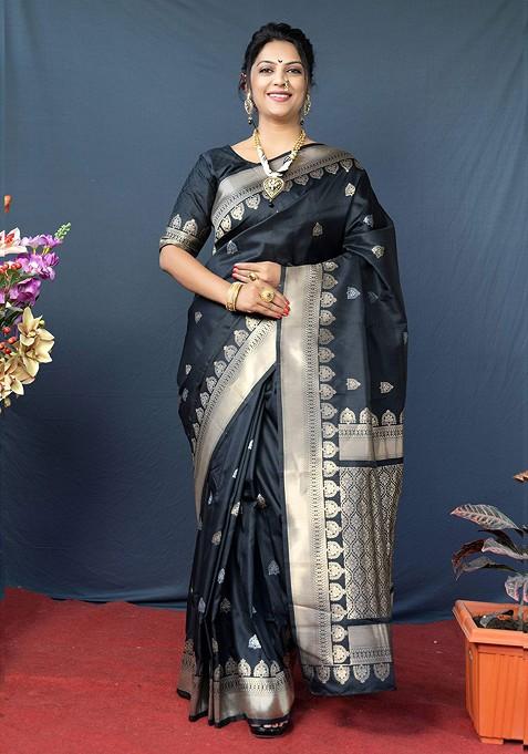 Black Ethnic Motifs Woven Zari Pure Banarasi Silk Saree Set