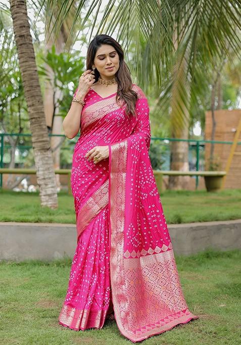 Pink Bandhani Print Pure Silk Saree Set