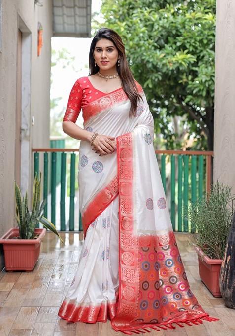 White Floral Print Pure Silk Saree Set