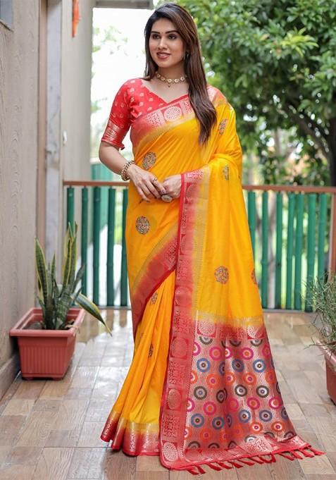 Yellow Ethnic Motifs Woven Pure Silk Saree Set