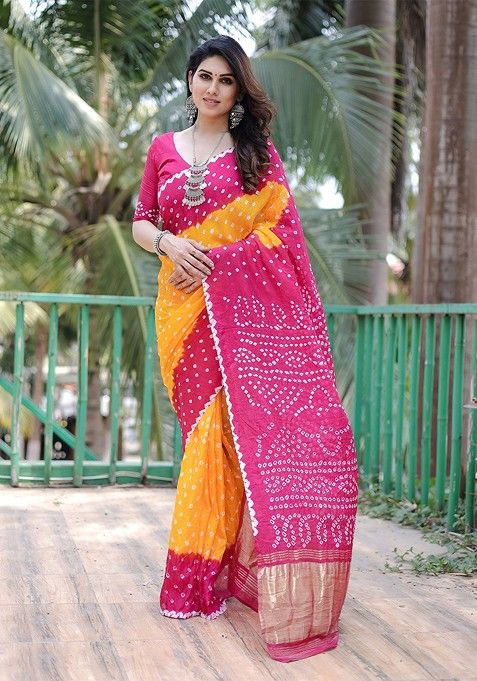 Pink Printed Pure Silk Bandhani Saree Set