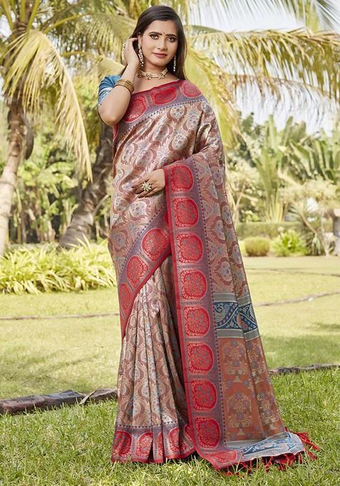 Beige Woven Zari Pure Kanjeevaram Silk Saree Set