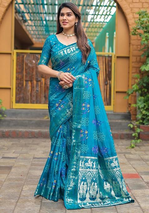 Turquoise Blue Bandhani Print Pure Silk Saree Set