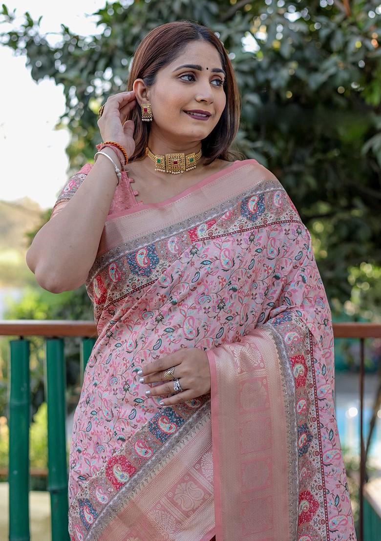 Peach Woven Floral Print Pure Silk Saree Set