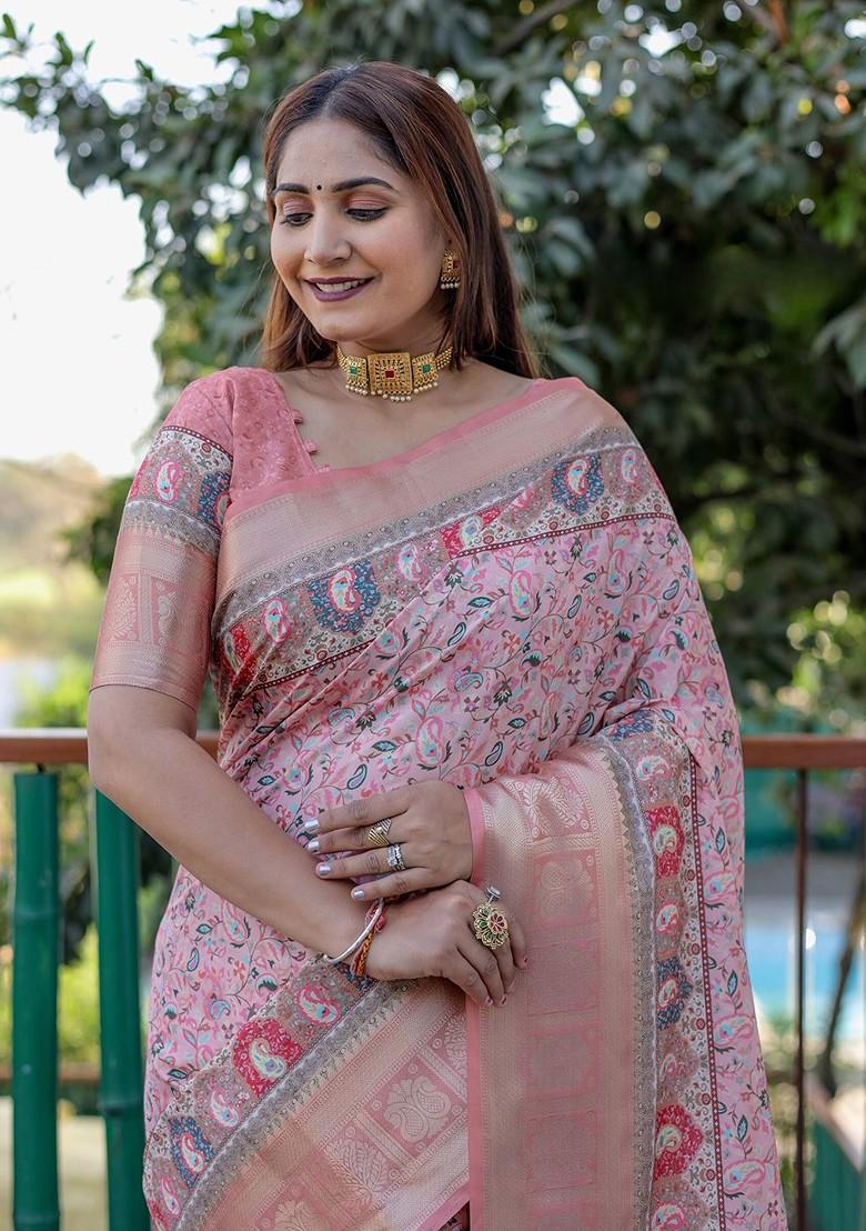 Peach Woven Floral Print Pure Silk Saree Set