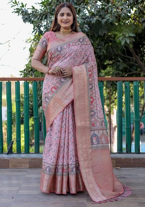 Peach Woven Floral Print Pure Silk Saree Set