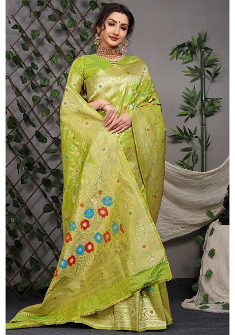 Green Floral Woven Zari Pure Banarasi Silk Saree Set