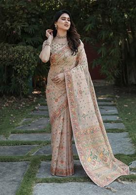 Cream Woven Zari Pashmina Saree Set