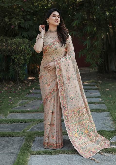 Cream Woven Zari Pashmina Saree Set