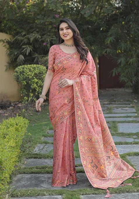 Peach Woven Zari Pashmina Saree Set