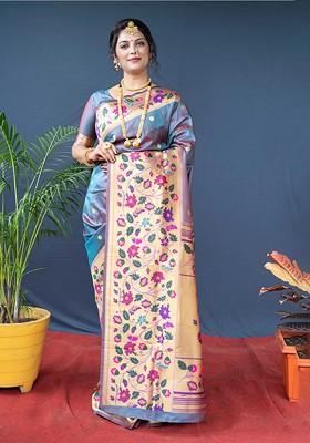 Grey Polka Dots Woven Zari Pure Silk Paithani Saree Set