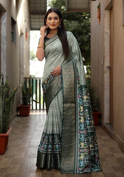 Sea Green Zari Pure Silk Bandhani Saree Set