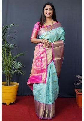 Turquoise Blue Floral Woven Zari Pure Banarasi Silk Saree Set