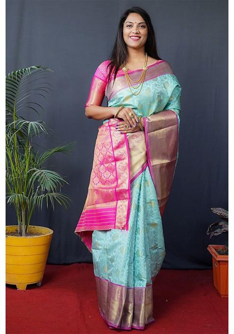 Turquoise Blue Floral Woven Zari Pure Banarasi Silk Saree Set