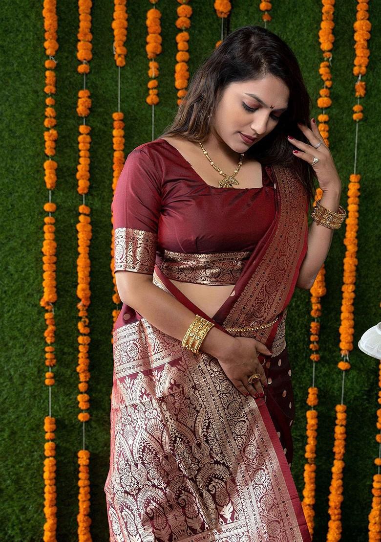 Maroon Geometric Motif Woven Zari Pure Banarasi Silk Saree Set