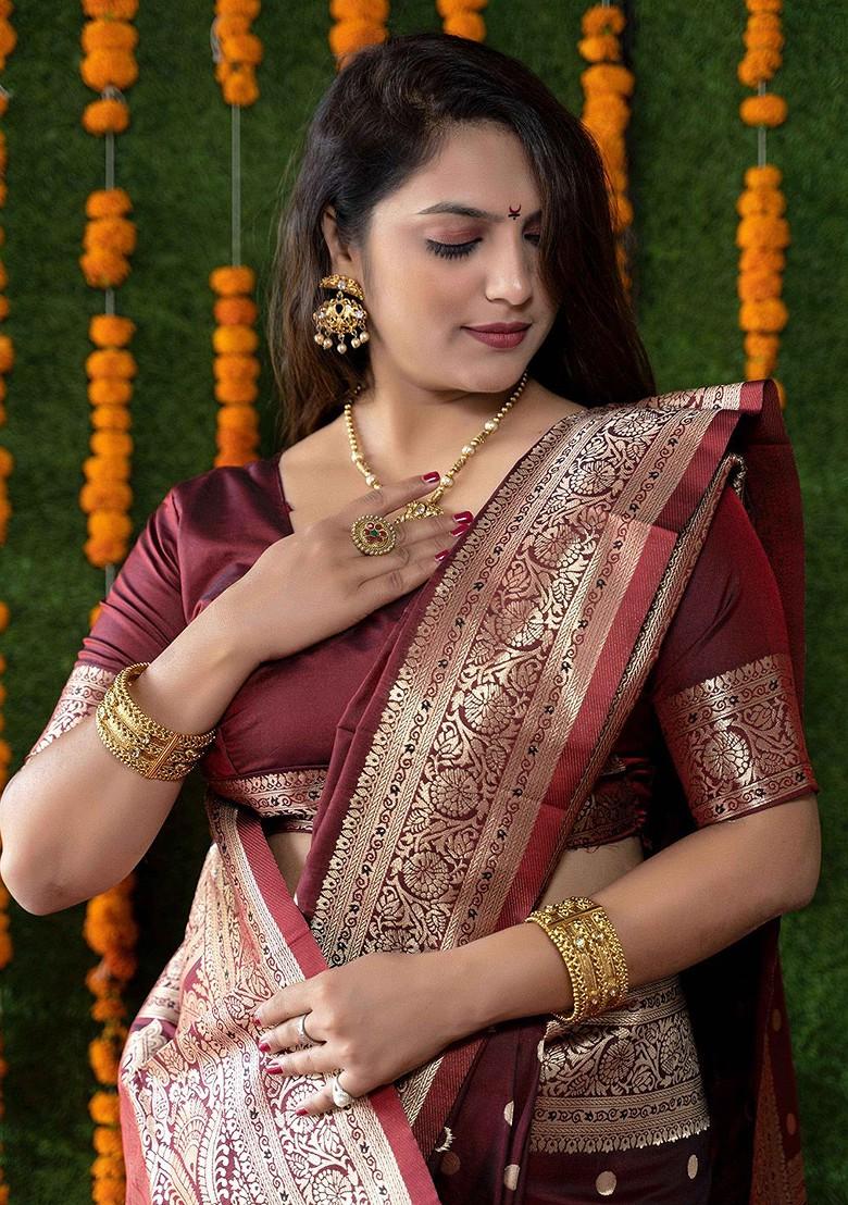 Maroon Geometric Motif Woven Zari Pure Banarasi Silk Saree Set