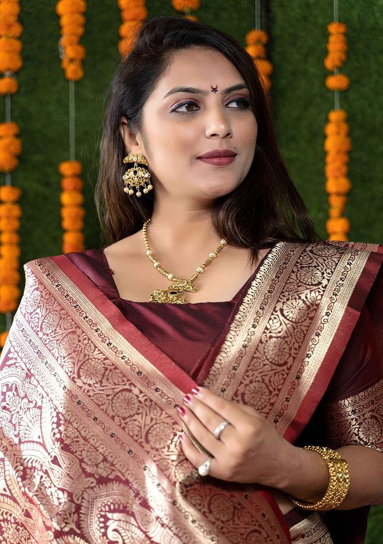 Maroon Geometric Motif Woven Zari Pure Banarasi Silk Saree Set