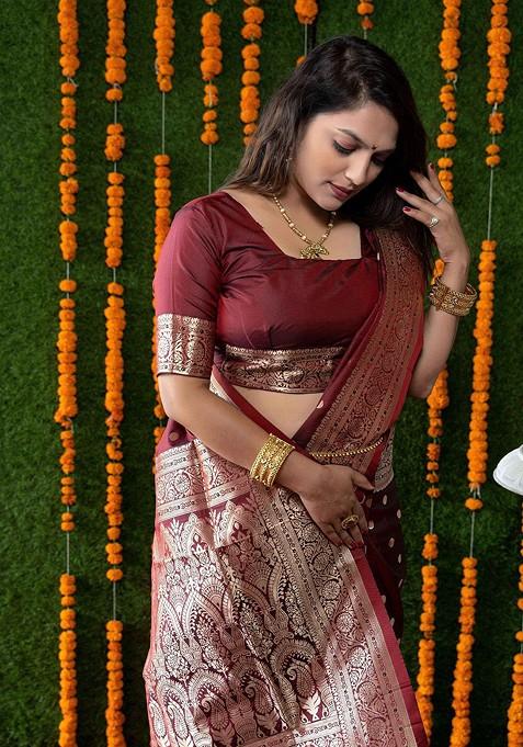 Maroon Geometric Motif Woven Zari Pure Banarasi Silk Saree Set