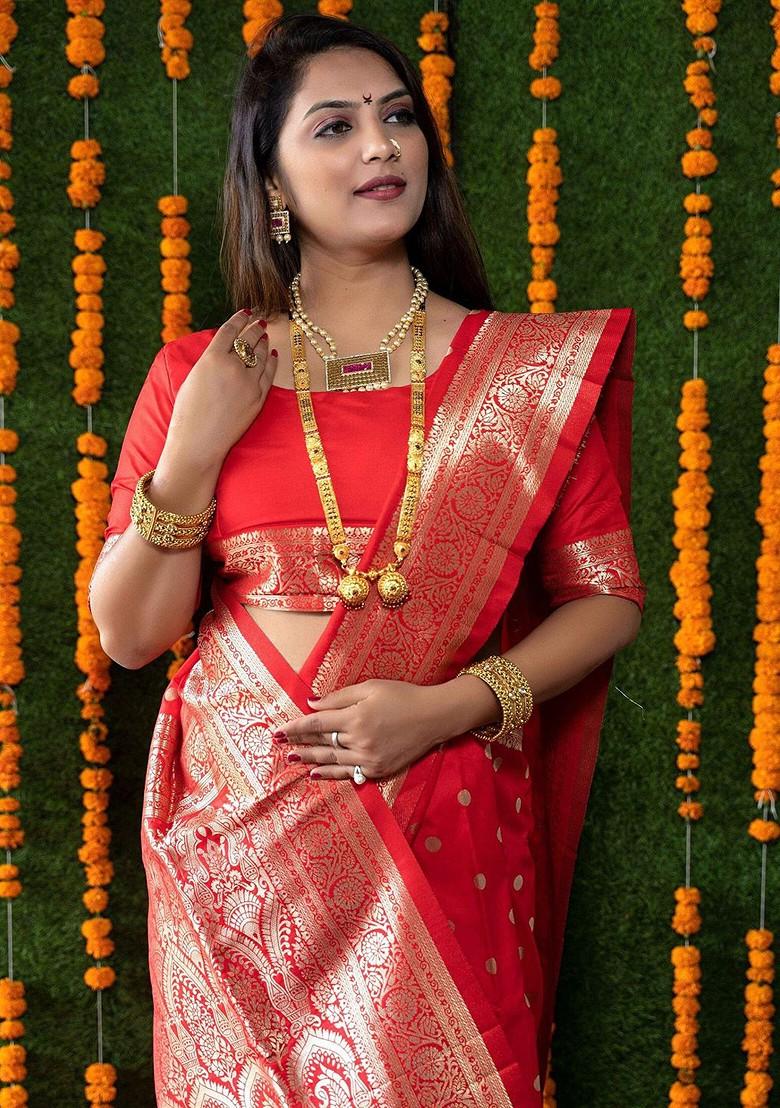 Red Geometric Motif Woven Zari Pure Banarasi Silk Saree Set