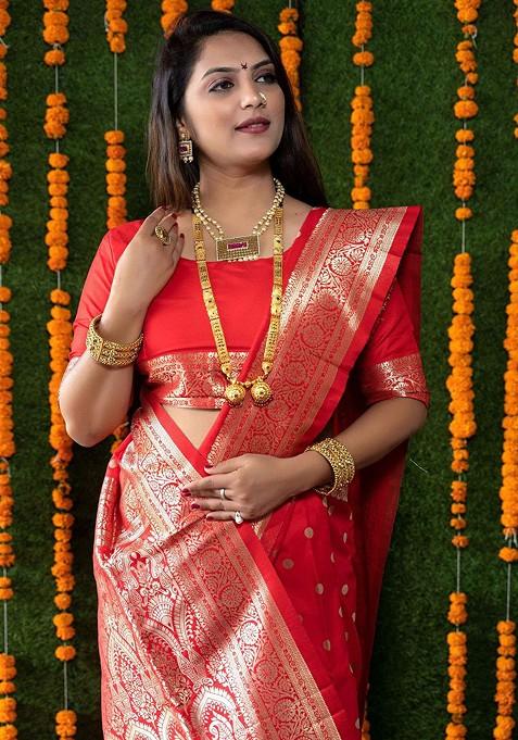 Red Geometric Motif Woven Zari Pure Banarasi Silk Saree Set
