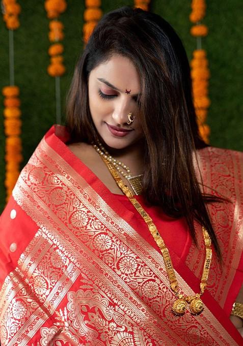 Red Geometric Motif Woven Zari Pure Banarasi Silk Saree Set