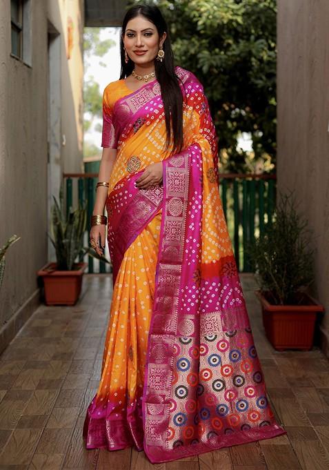 Pink Zari Pure Silk Bandhani Saree Set