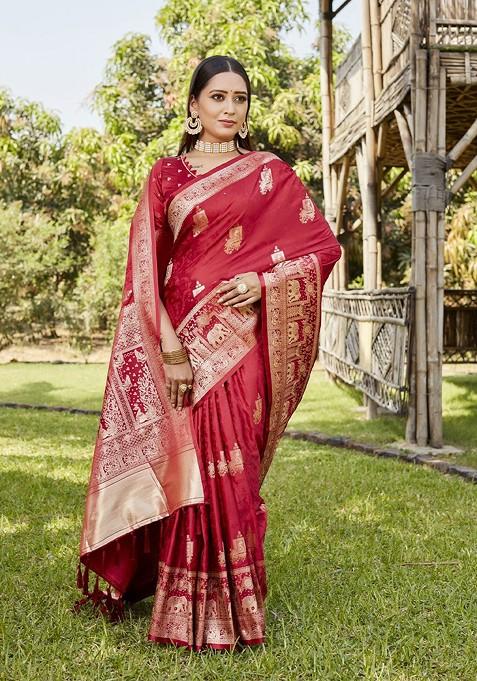 Red Woven Zari Satin Kanjeevaram Saree Set