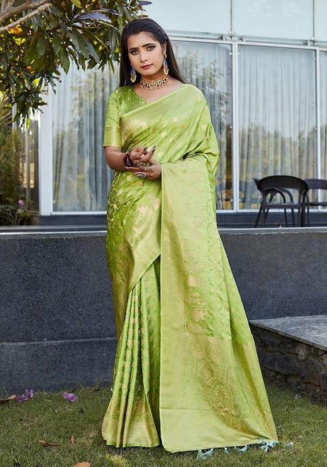 Green Woven Satin Banarasi Saree Set