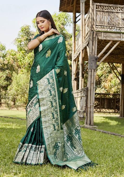 Green Woven Zari Kanjeevaram Saree Set