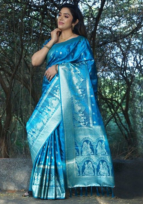 Blue Woven Zari Pure Kanjeevaram Silk Saree Set