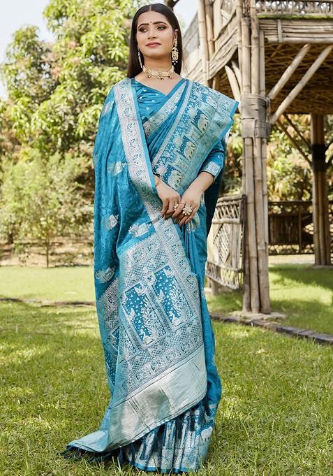 Blue Woven Zari Satin Kanjeevaram Saree Set