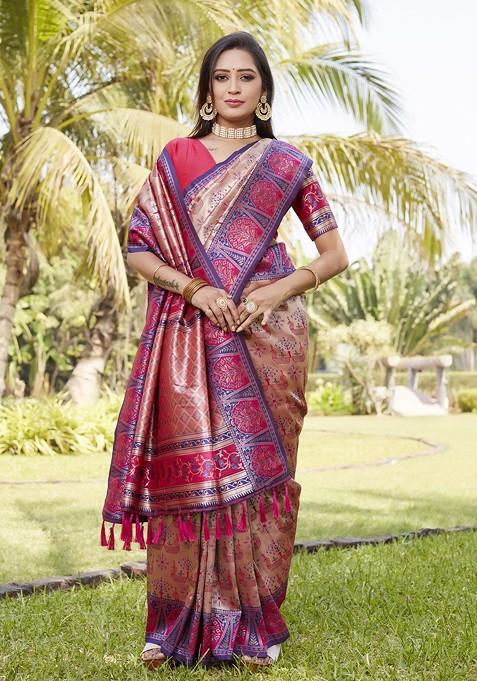 Beige Woven Pure Kanjeevaram Silk Saree Set