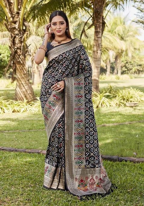 Black Woven Zari Bandhani Saree Set