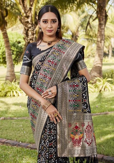 Black Woven Zari Bandhani Saree Set