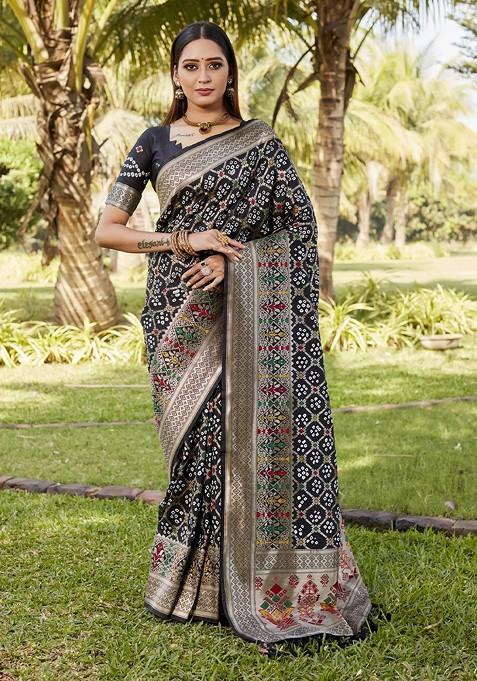Black Woven Zari Bandhani Saree Set